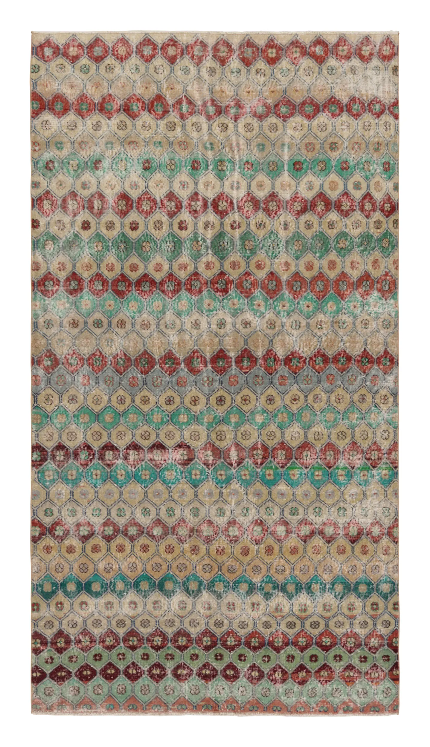 Vintage Turkish Distressed Hexagon Geometric Rug