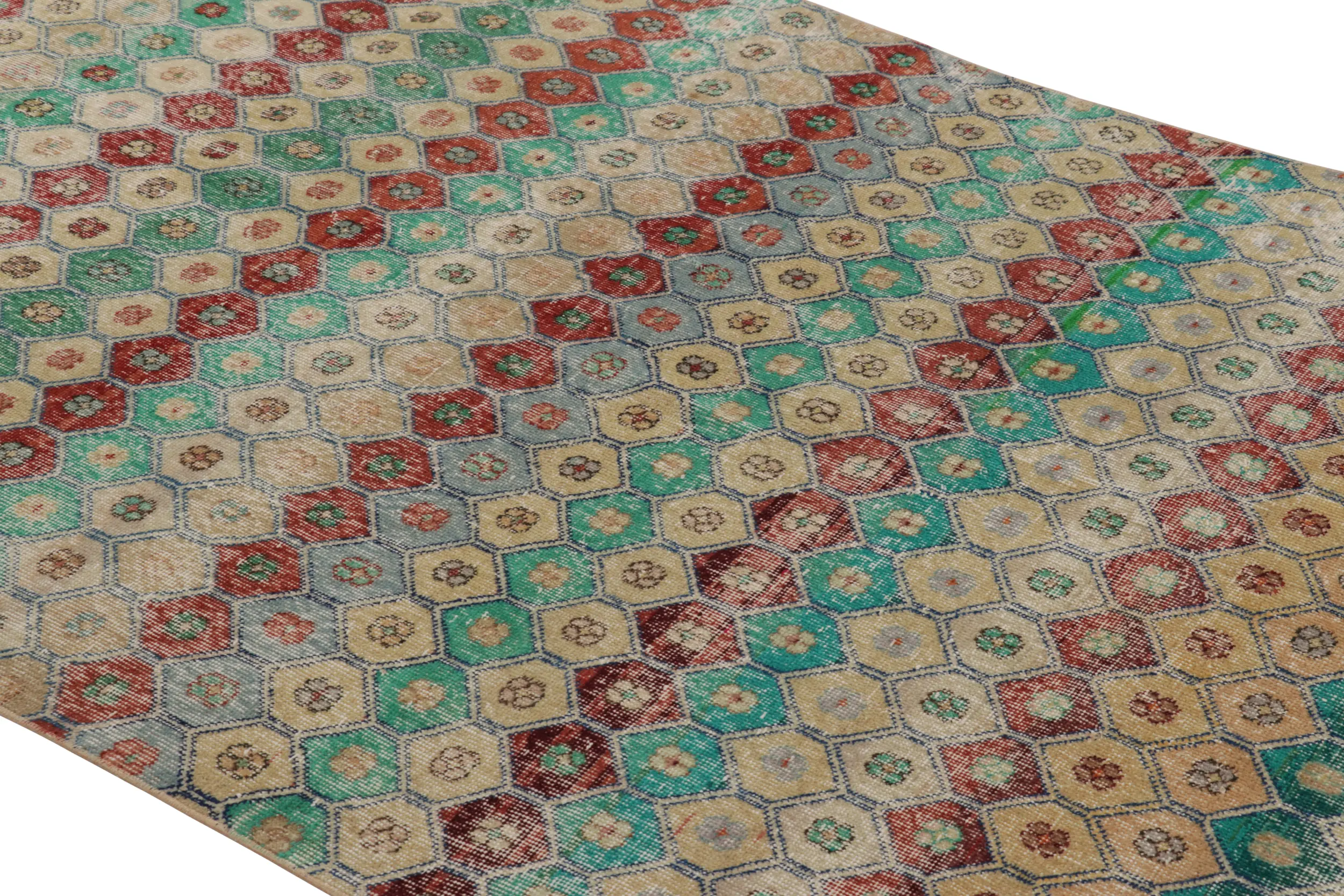 Vintage Turkish Distressed Hexagon Geometric Rug