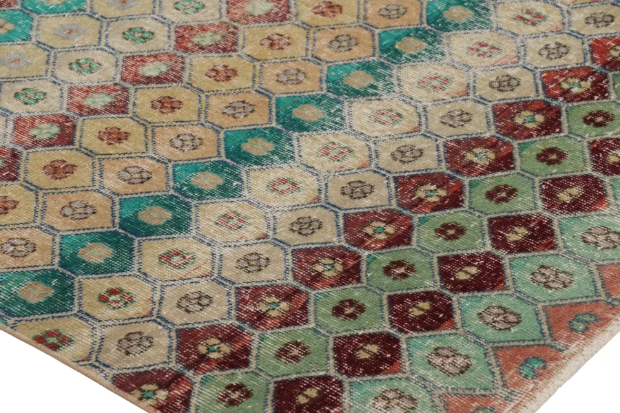 Vintage Turkish Distressed Hexagon Geometric Rug