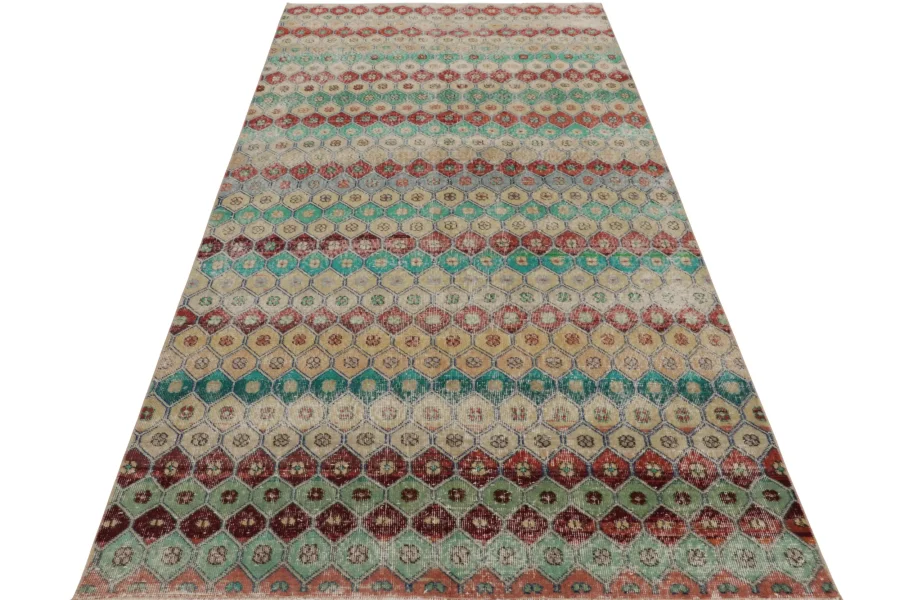 Vintage Turkish Distressed Hexagon Geometric Rug