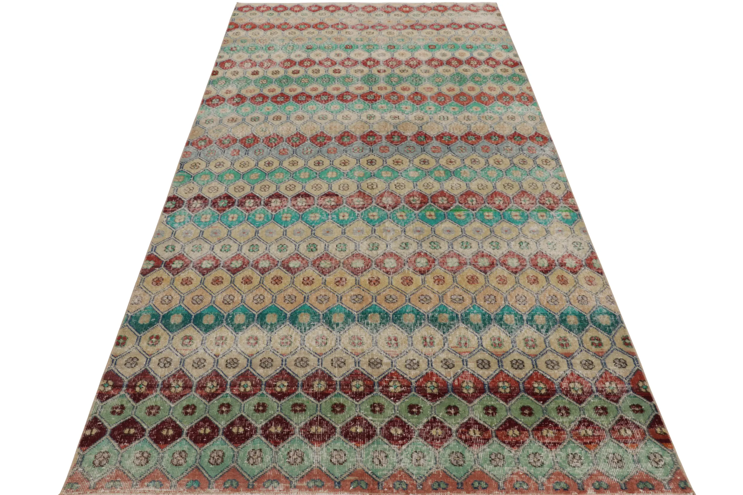 Vintage Turkish Distressed Hexagon Geometric Rug