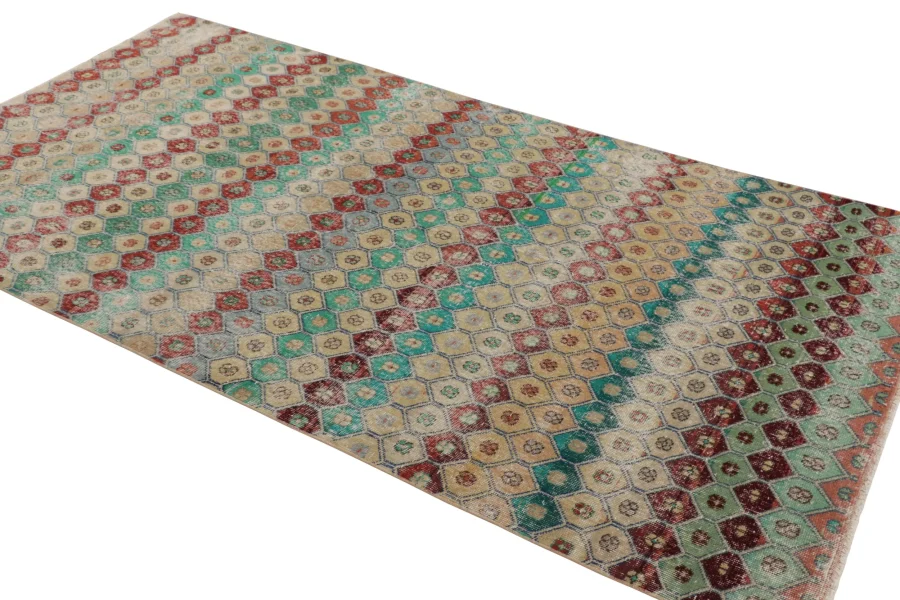 Vintage Turkish Distressed Hexagon Geometric Rug