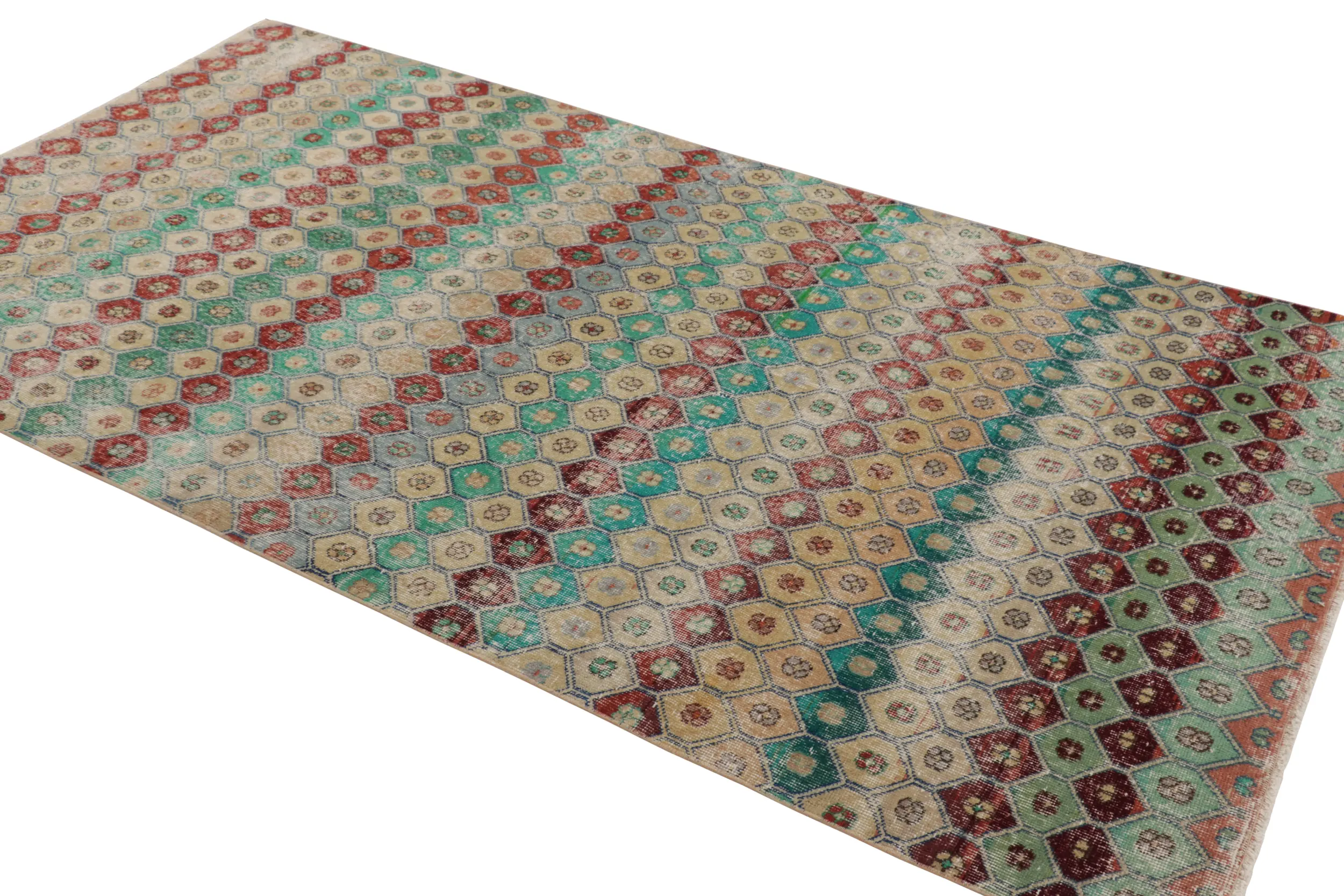 Vintage Turkish Distressed Hexagon Geometric Rug