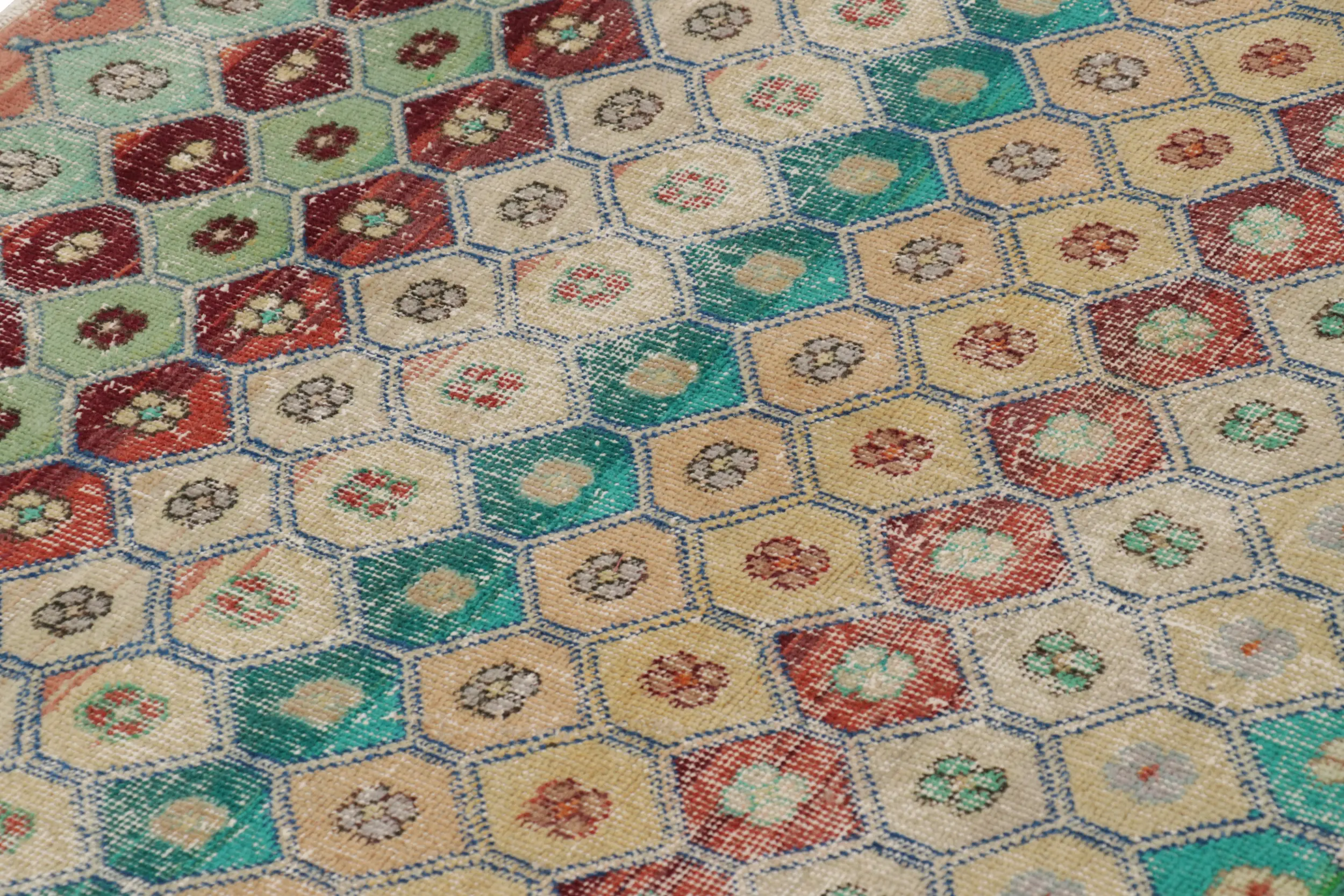 Vintage Turkish Distressed Hexagon Geometric Rug