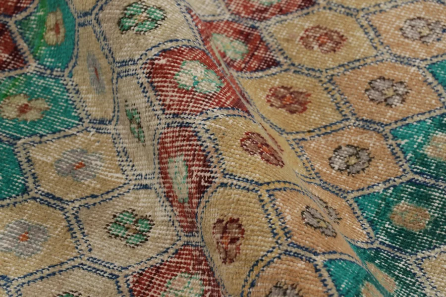 Vintage Turkish Distressed Hexagon Geometric Rug
