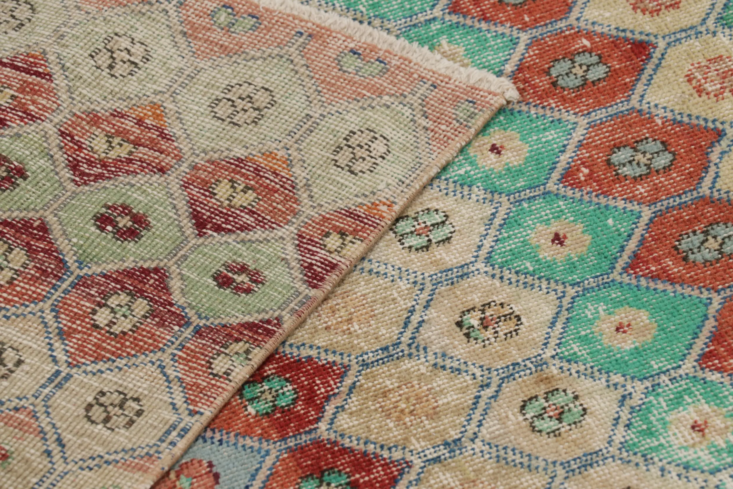 Vintage Turkish Distressed Hexagon Geometric Rug