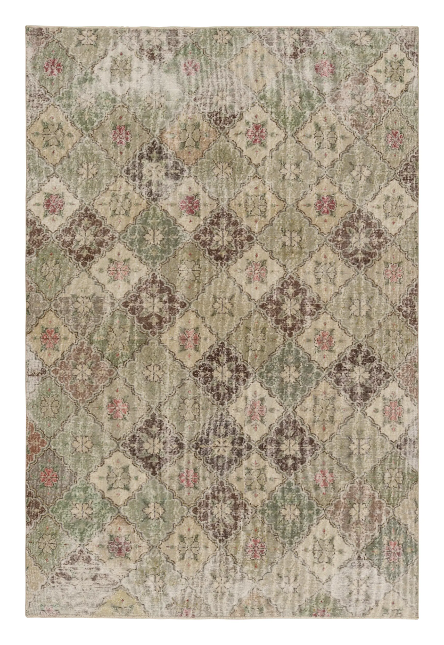 Vintage Turkish Distressed Floral Geometric Rug
