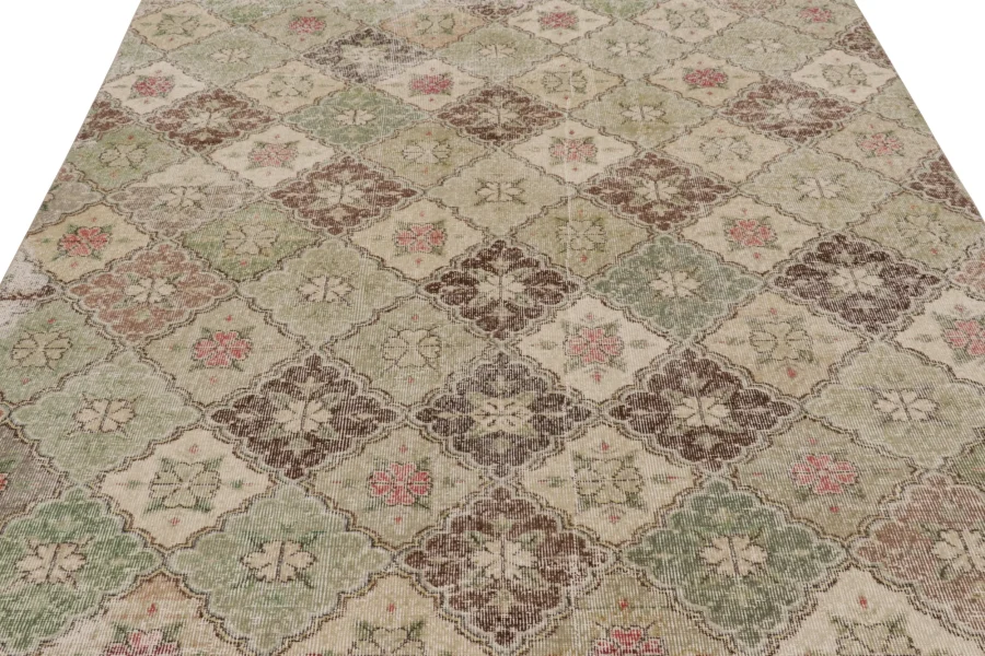 Vintage Turkish Distressed Floral Geometric Rug