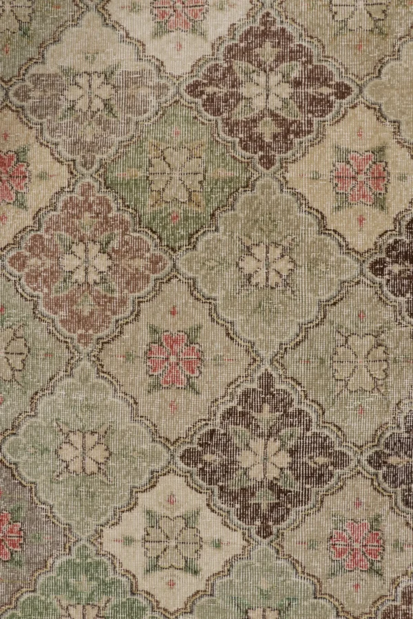 Vintage Turkish Distressed Floral Geometric Rug