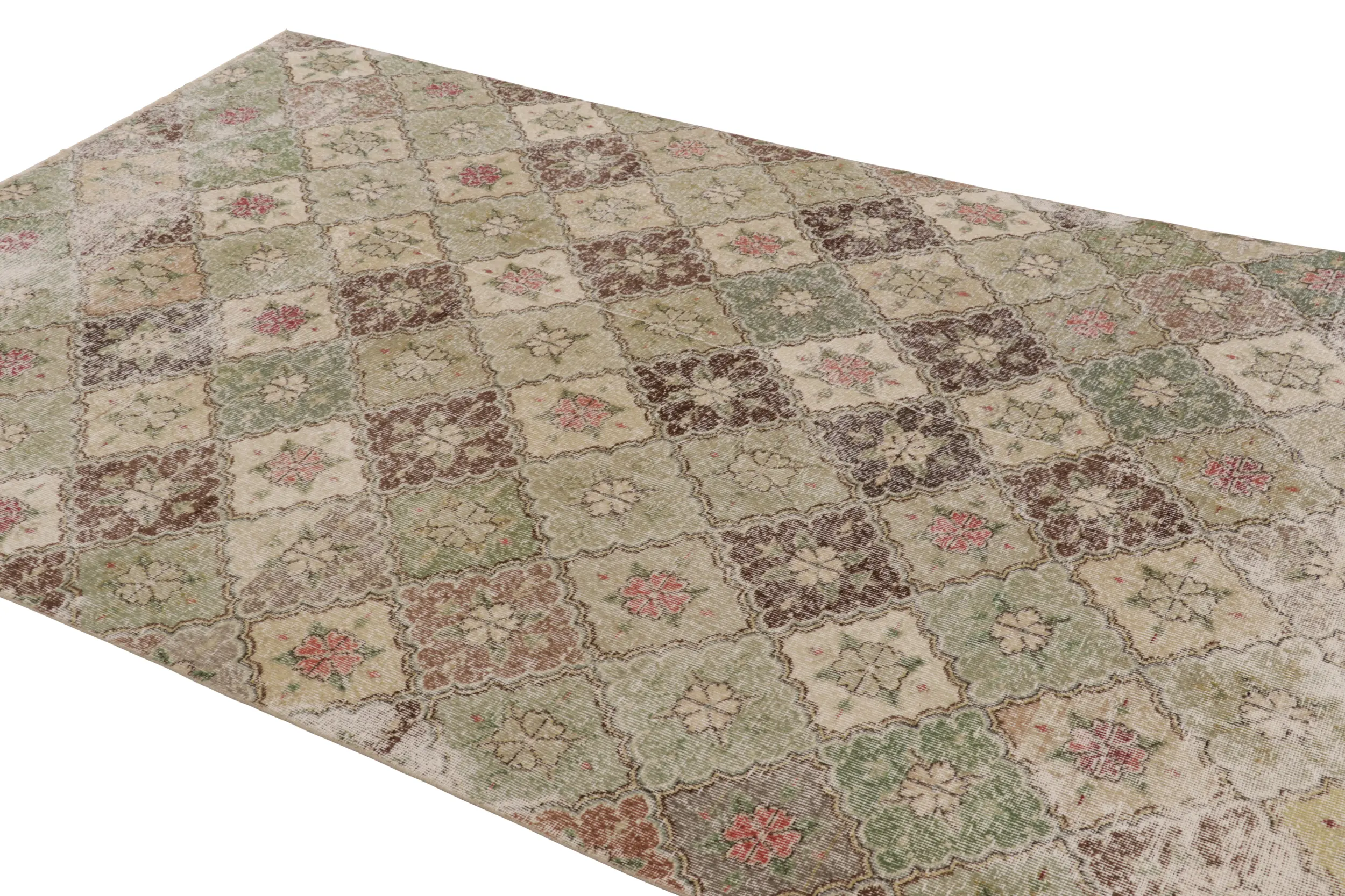 Vintage Turkish Distressed Floral Geometric Rug