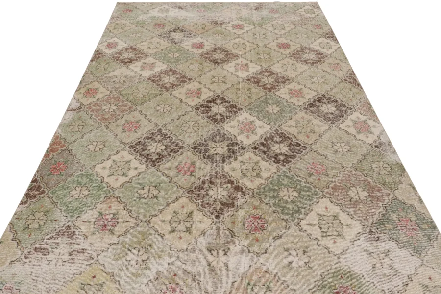 Vintage Turkish Distressed Floral Geometric Rug