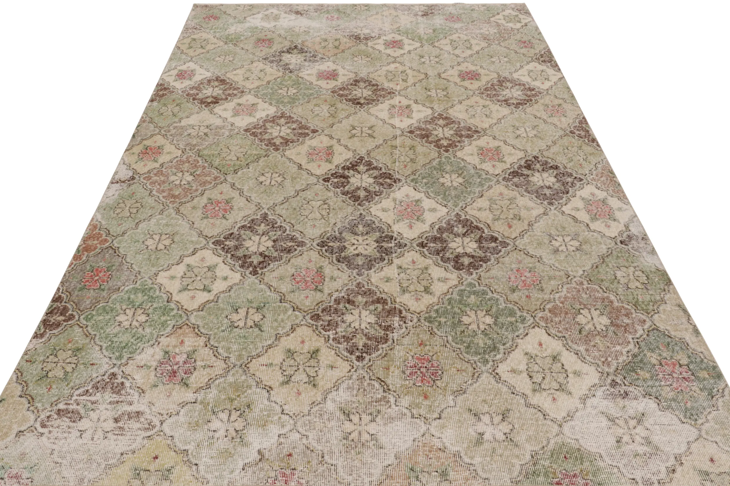 Vintage Turkish Distressed Floral Geometric Rug
