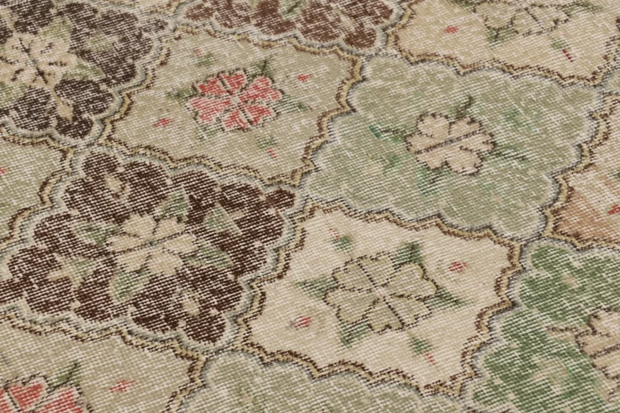 Vintage Turkish Distressed Floral Geometric Rug