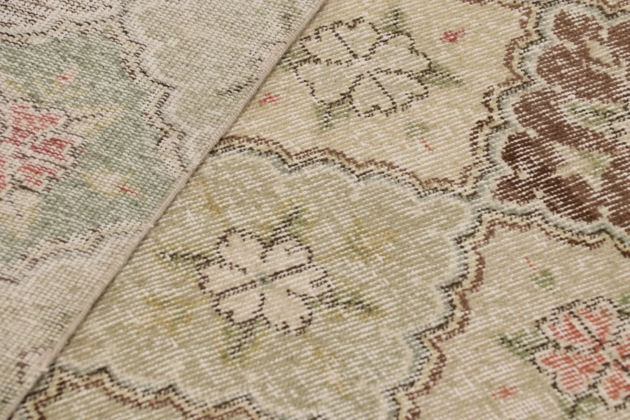 Vintage Turkish Distressed Floral Geometric Rug