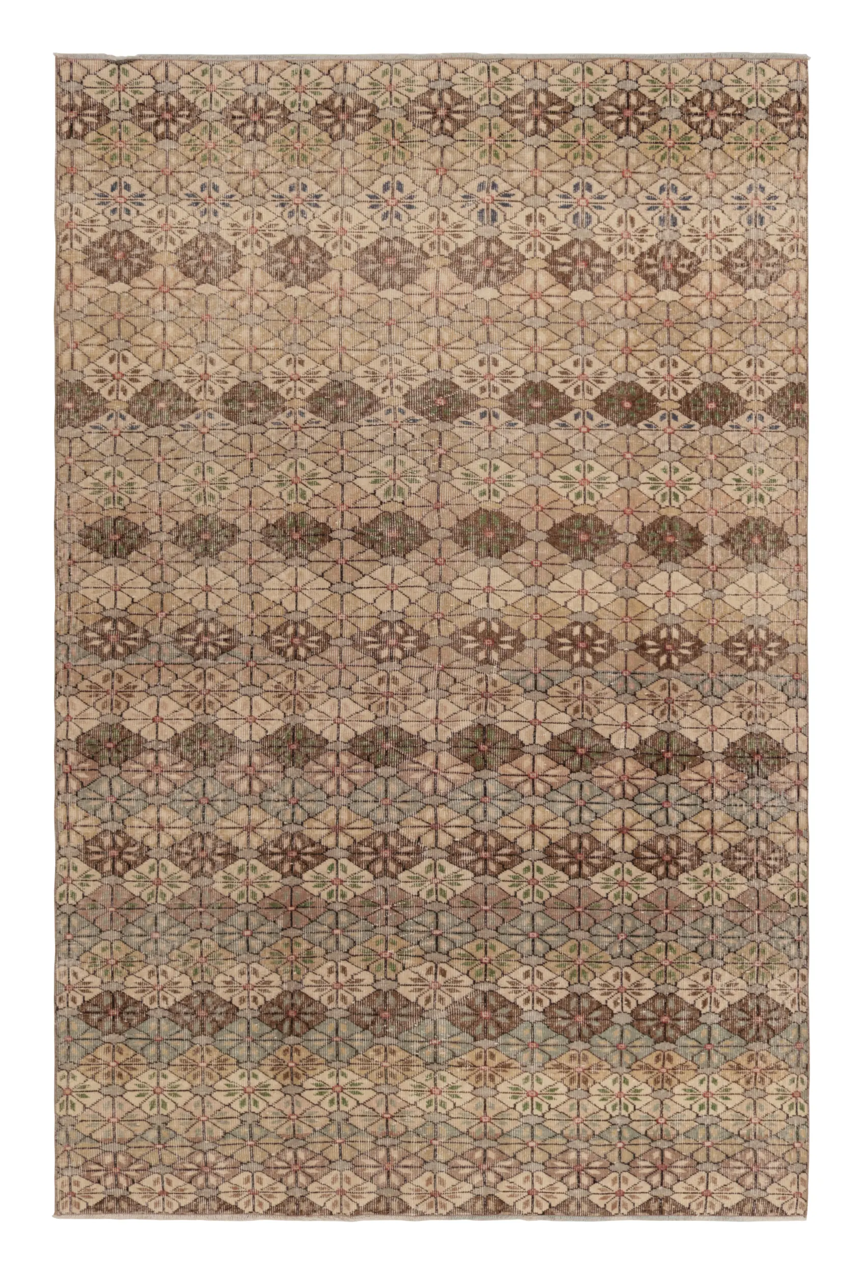 Vintage Turkish Distressed Geometric Floral Rug