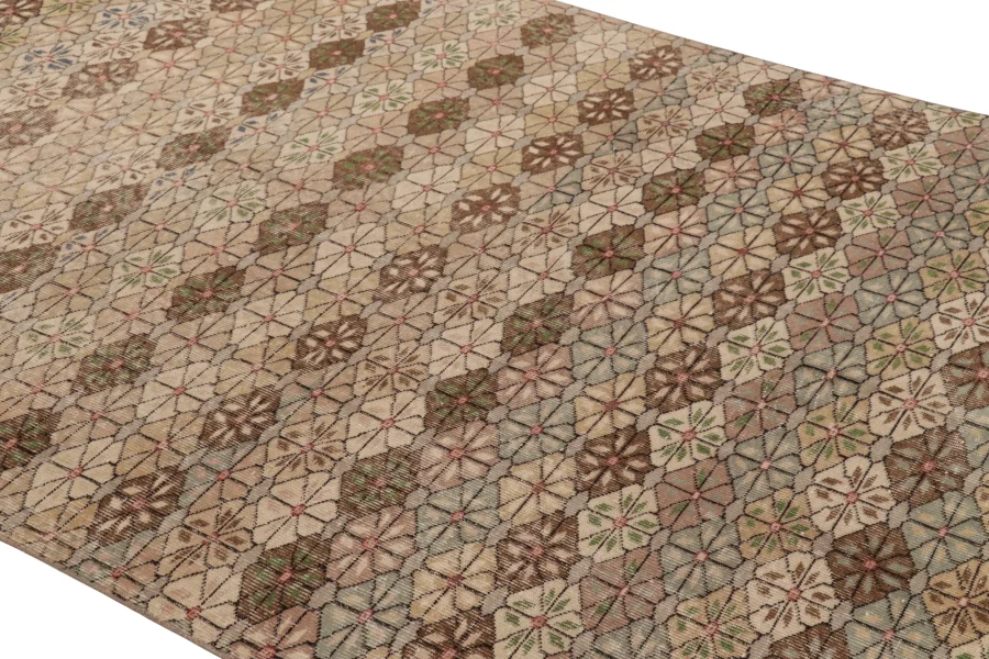 Vintage Turkish Distressed Geometric Floral Rug