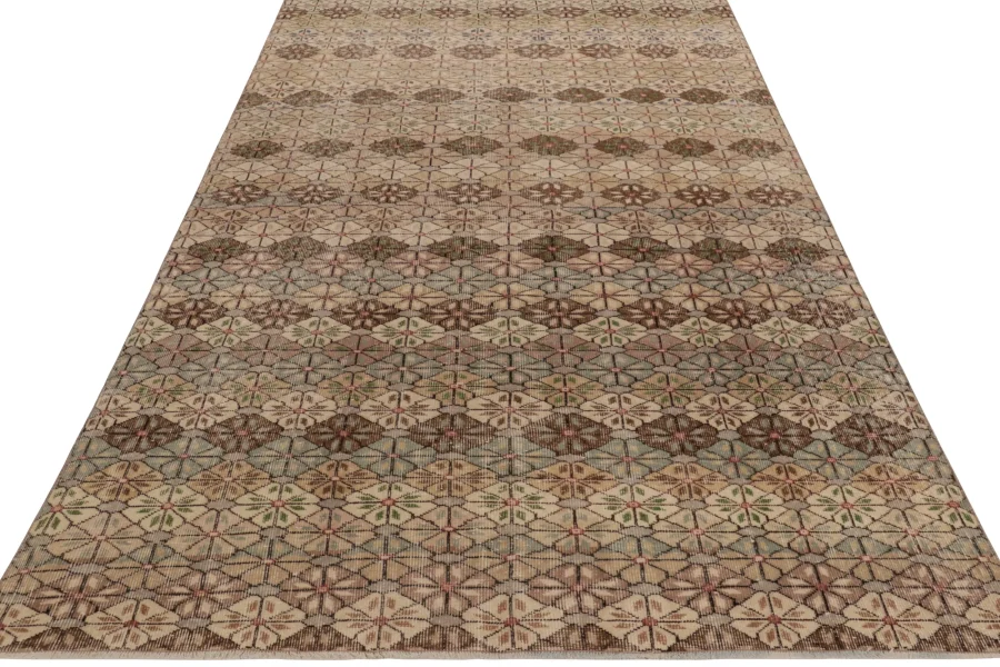 Vintage Turkish Distressed Geometric Floral Rug