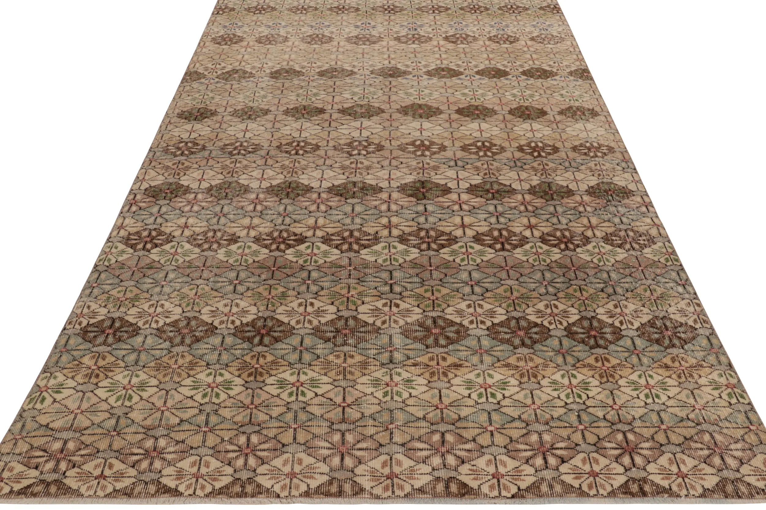 Vintage Turkish Distressed Geometric Floral Rug