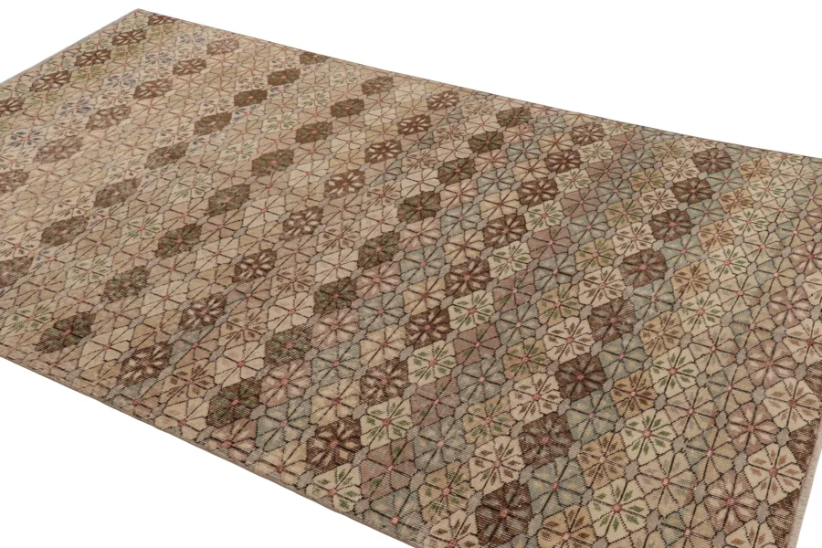 Vintage Turkish Distressed Geometric Floral Rug