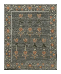 Rug & Kilim’s Block Print Rug, Teal and Gray Tones with Whimsical Floral Pattern