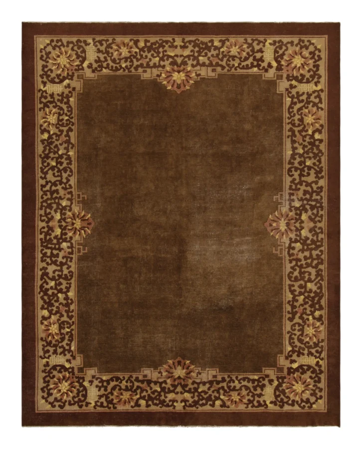 Antique Chinese Rug, Rich Brown Field with Floral Borders - Rug & Kilim