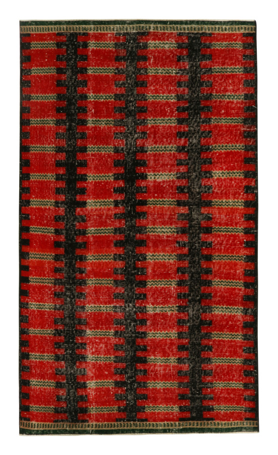 Vintage Zeki Müren Rug in Red and Black Geometric Pattern, by Rug & Kilim