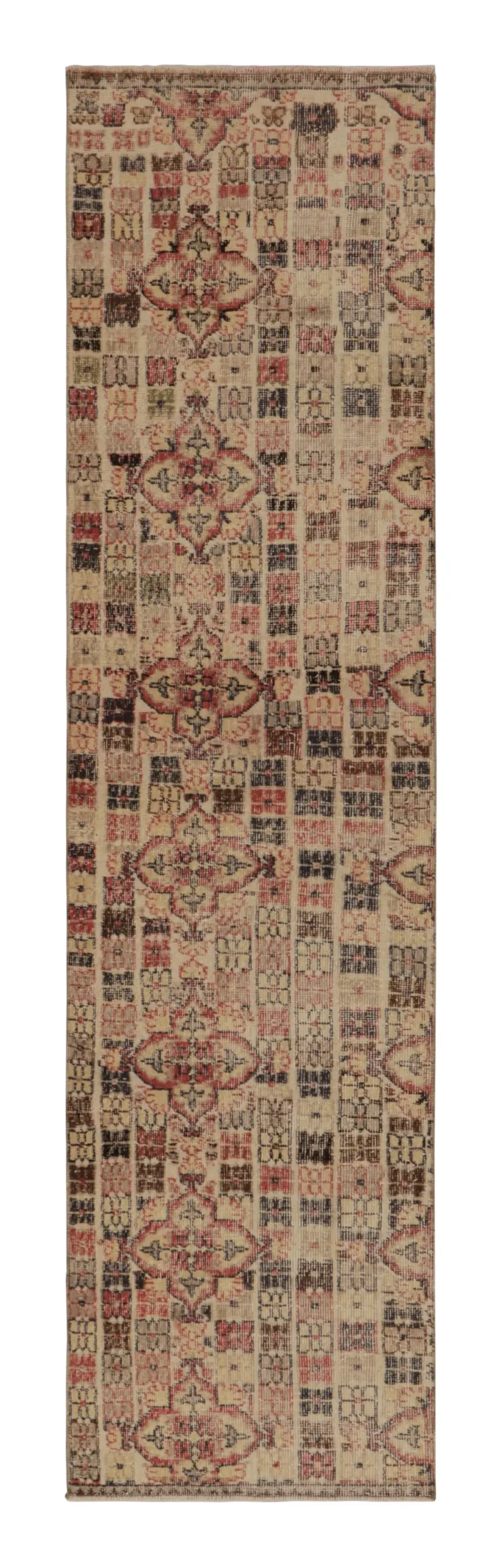 Vintage Turkish Distressed Geometric Patchwork Runner Rug