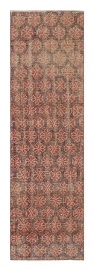 Vintage Distressed Runner Rug, Rust-Blue Geometric Floral Pattern - Rug & Kilim