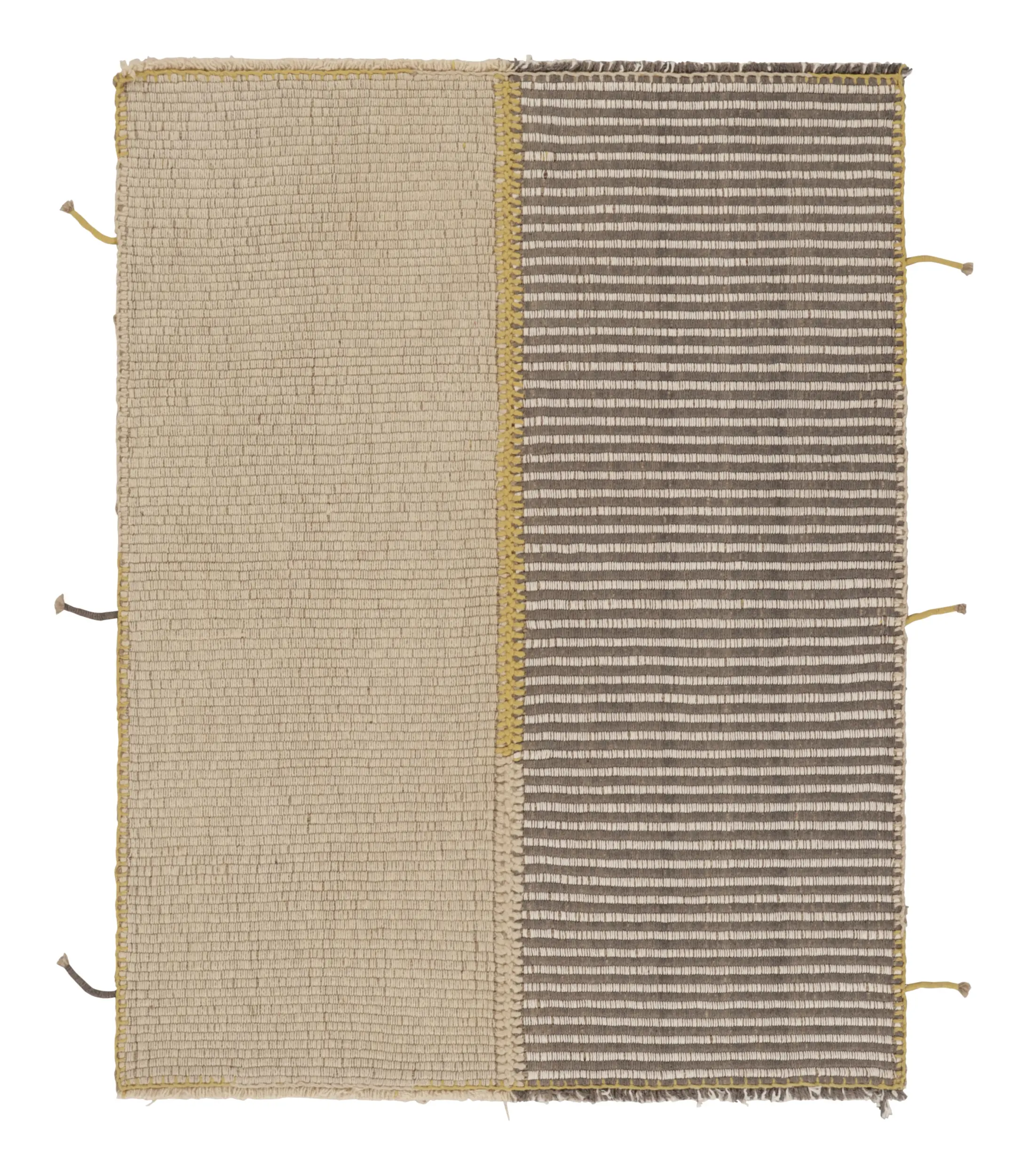 Rug & Kilim's Accent Kilim, Beige-Gray Textural Stripes with Yellow accents