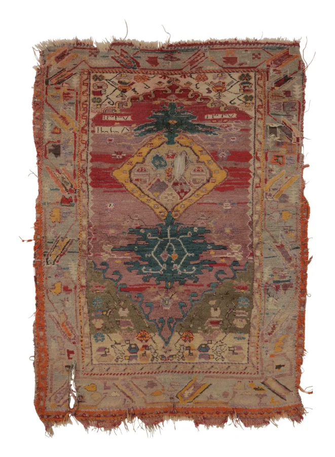 Antique Ghiordes Tapestry in Bold Ruby and Sapphire Tribal Medallions - Rug & Kilim