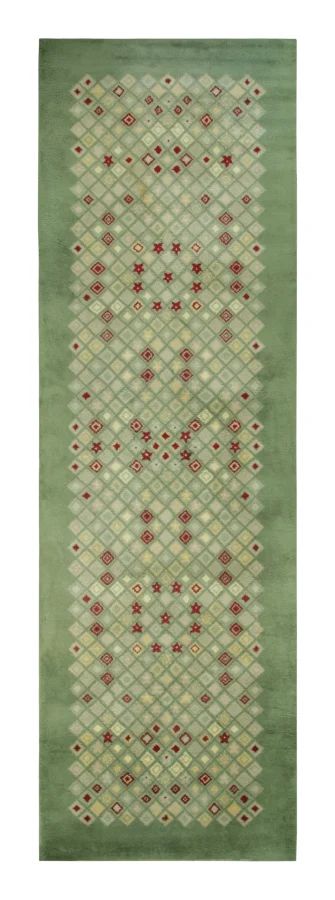 Vintage Leleu French Art Deco Rug, Green Geometric Gallery Runner - Rug & Kilim