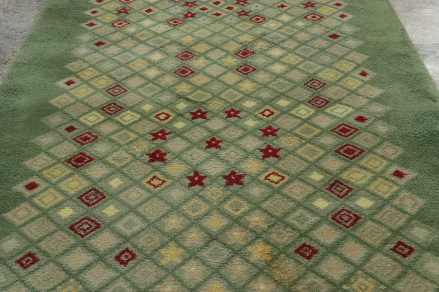 Hover image of Vintage Leleu French Art Deco Rug, Green Geometric Gallery Runner - Rug & Kilim