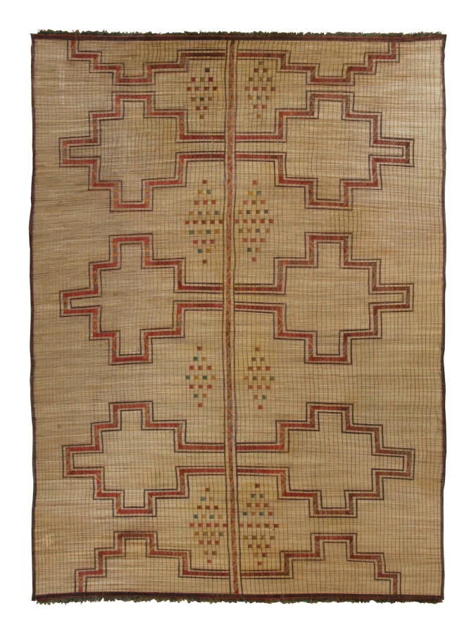 Vintage Tuareg Mat, Beige with Bold Tribal Geometric Patterns - Rug & Kilim