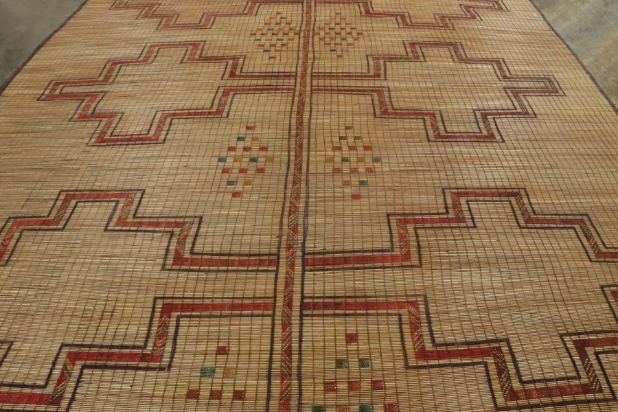Hover image of Vintage Tuareg Mat, Beige with Bold Tribal Geometric Patterns - Rug & Kilim