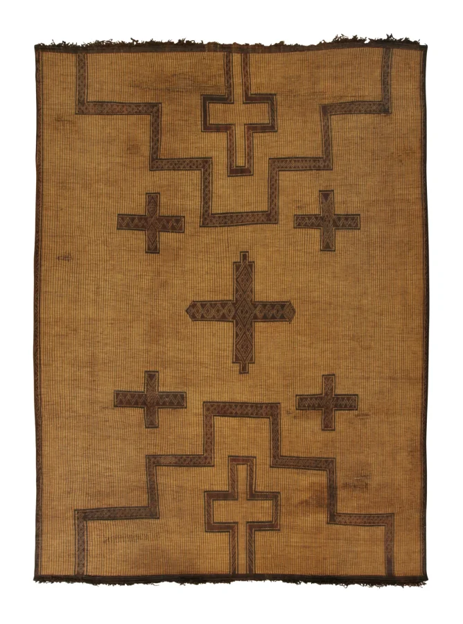 Vintage Tuareg Mat, Gold-Brown Tribal Geometric Patterns - Rug & Kilim