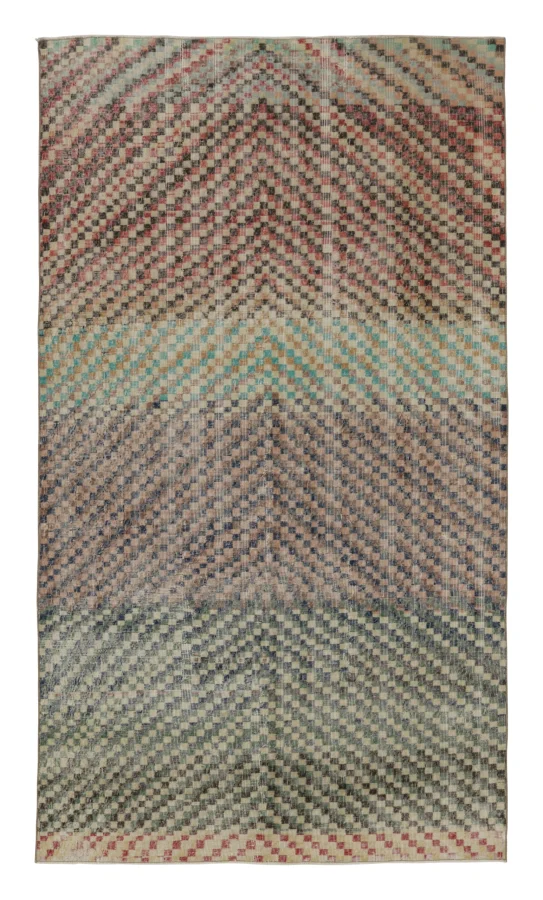 Vintage Turkish Distressed Rug, Vibrant Polychrome Geometric Patterns - Rug & Kilim