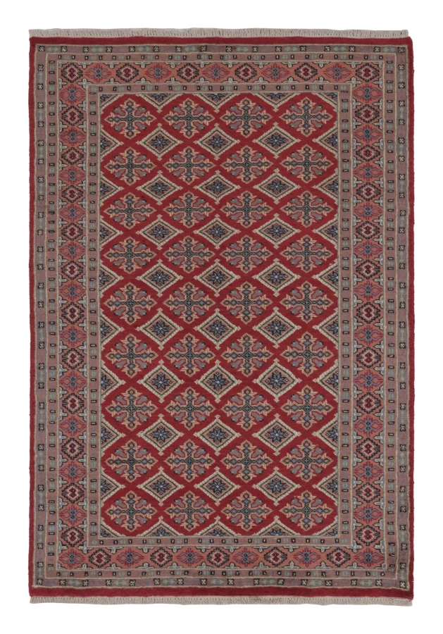 Vintage Bokhara Rug, RIch Red with Pink Geometric Patterns - Rug & Kilim