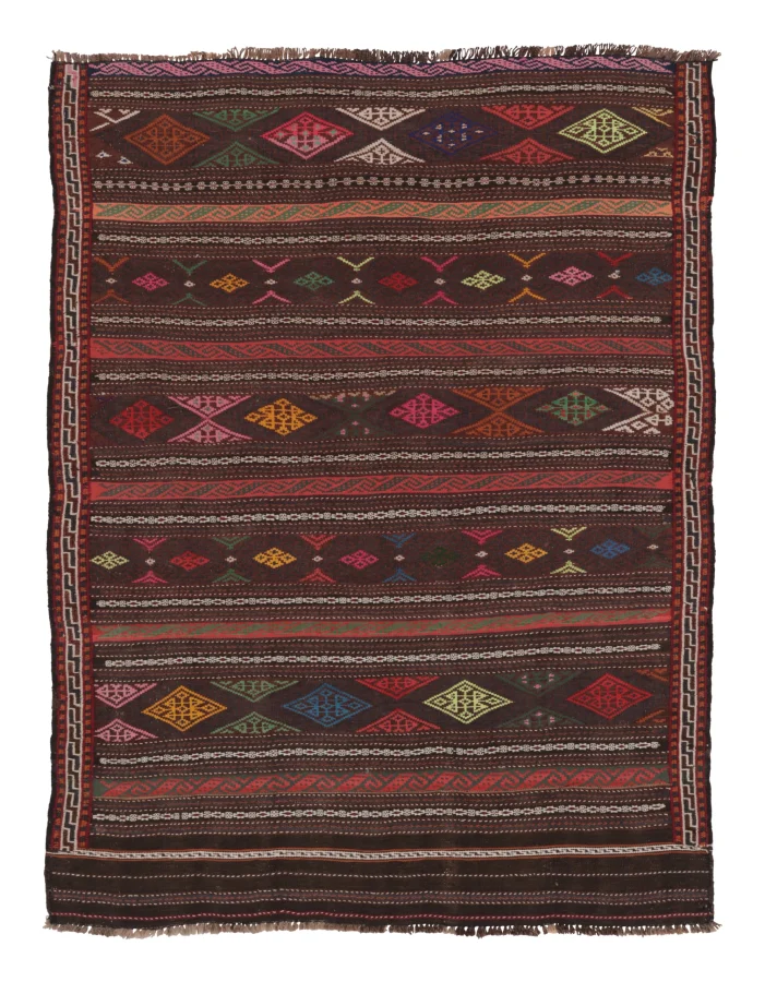 Vintage Persian Soumak Kilim, Deep Brown with Jewel Tone Diamonds - Rug & Kilim