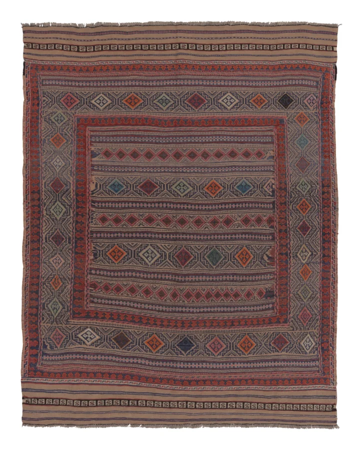 Vintage Persian Soumak Kilim, Tribal Diamonds in Light Jewel Tones - Rug & Kilim