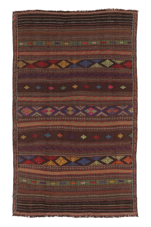 Vintage Persian Soumak Kilim, Vibrant Diamonds on Rich Brown Tones - Rug & Kilim