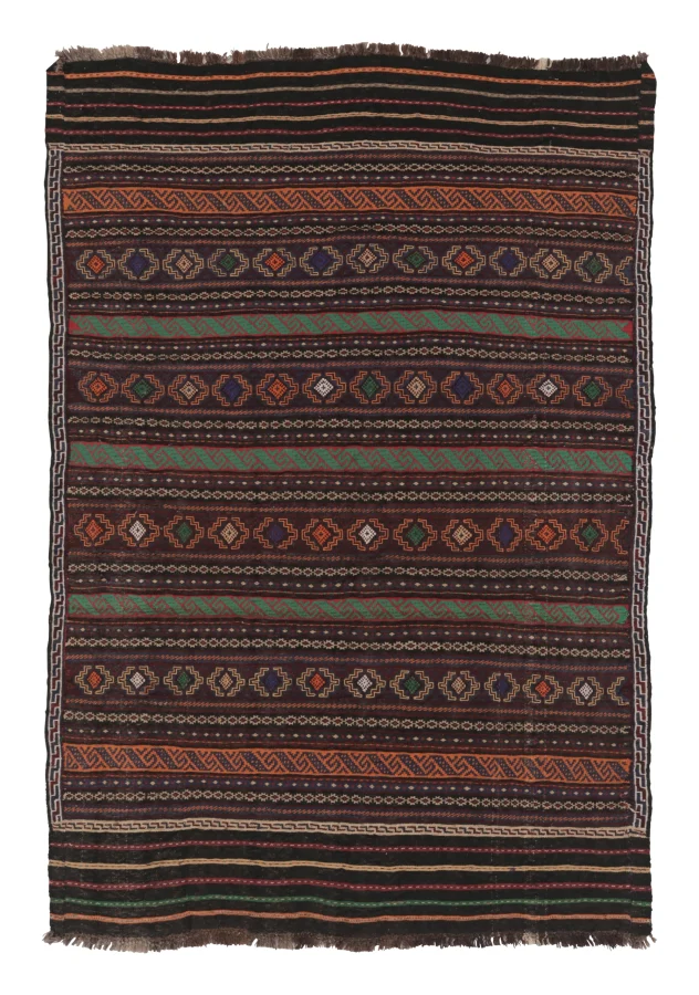vintage Persian Soumak Kilim, Brown with Polychromatic Geometric Bands - Rug & Kilim