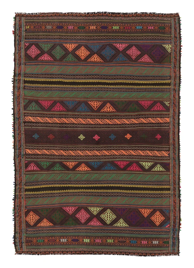 Vintage Persian Soumak Kilim, Vibrant Tribal Geometric Patterns - Rug & Kilim