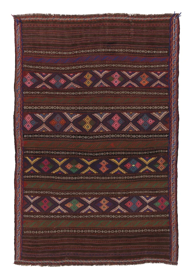 Vintage Persian Soumak Kilim, Rich Ground with Jewel Tone Motifs - Rug & Kilim