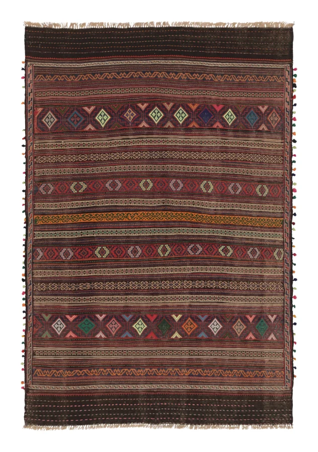 Vintage Persian Soumak Kilim, Deep Earth Tones with Diamond Bands - Rug & Kilim