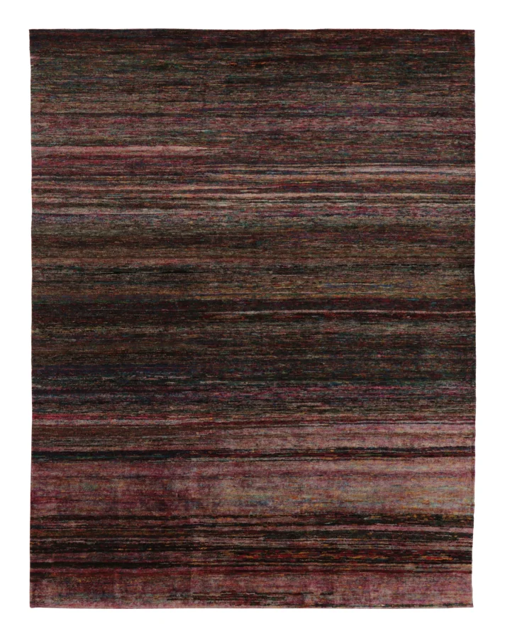 Rug & Kilim’s Modern Textural Rug, Vibrant Polychromatic Striae over Pink Tones
