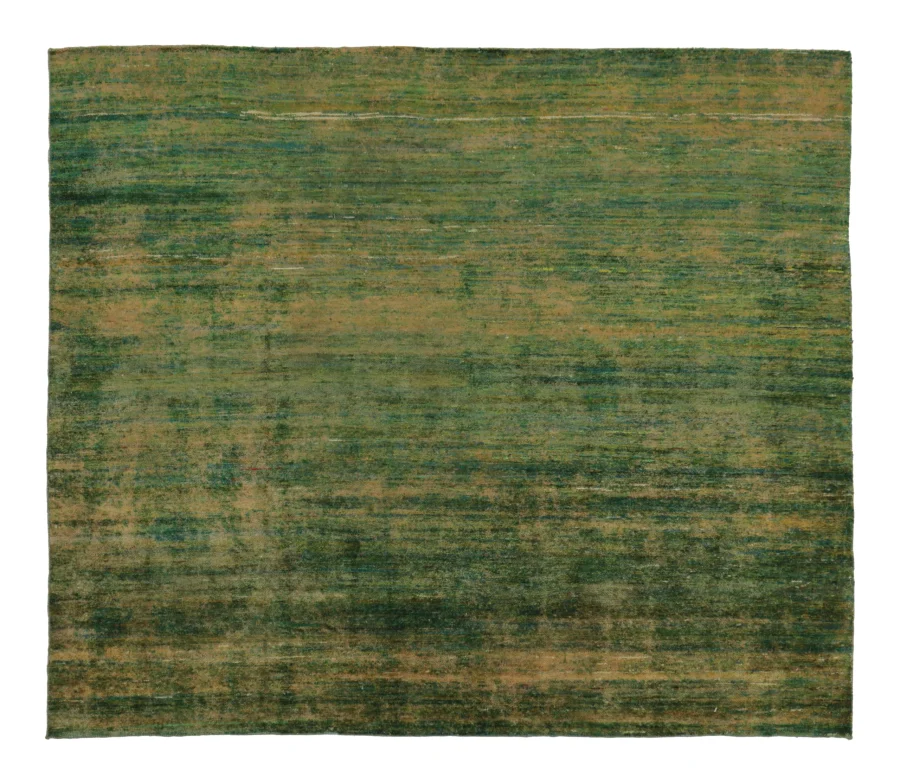 Rug & Kilim’s Modern Textural Square Rug, Warm Tone-on-Tone Green and Gold