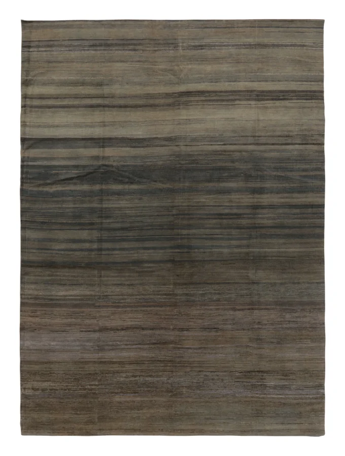 Rug & Kilim’s Modern Textural Rug, Rich Charcoal and Beige Tone-on-Tone Striae