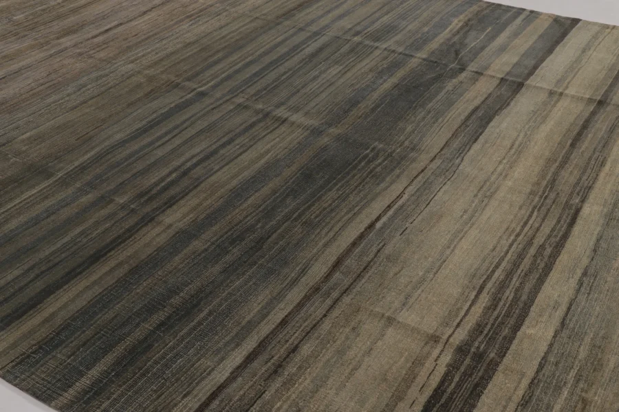 Hover image of Rug & Kilim’s Modern Textural Rug, Rich Charcoal and Beige Tone-on-Tone Striae