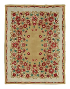 Signed Paule Leleu Vintage Art Deco Rug in Gold with Dense Florals - Rug & Kilim