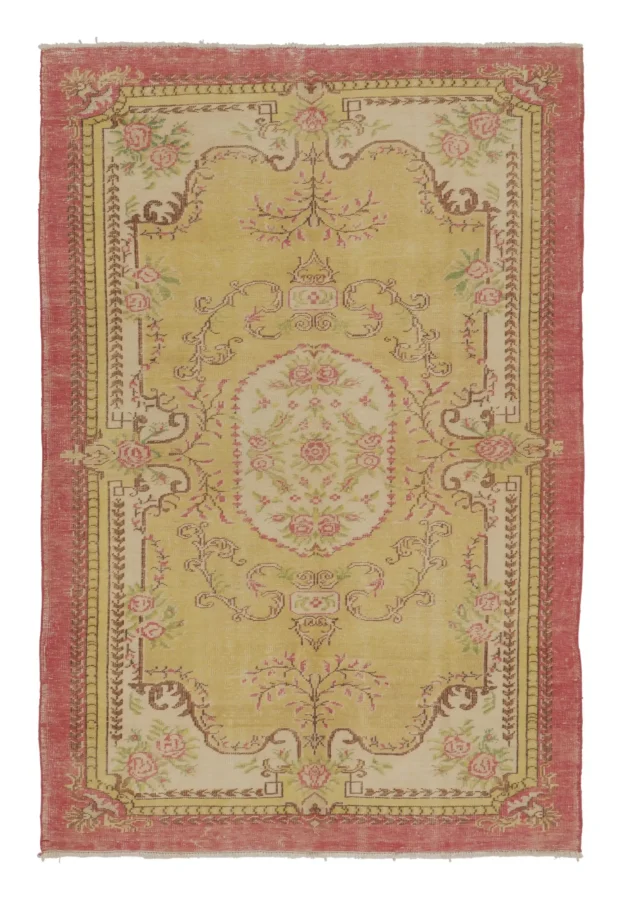 Vintage Distressed Rug in Gold and Rose with Floral Cartouches - Rug & Kilim